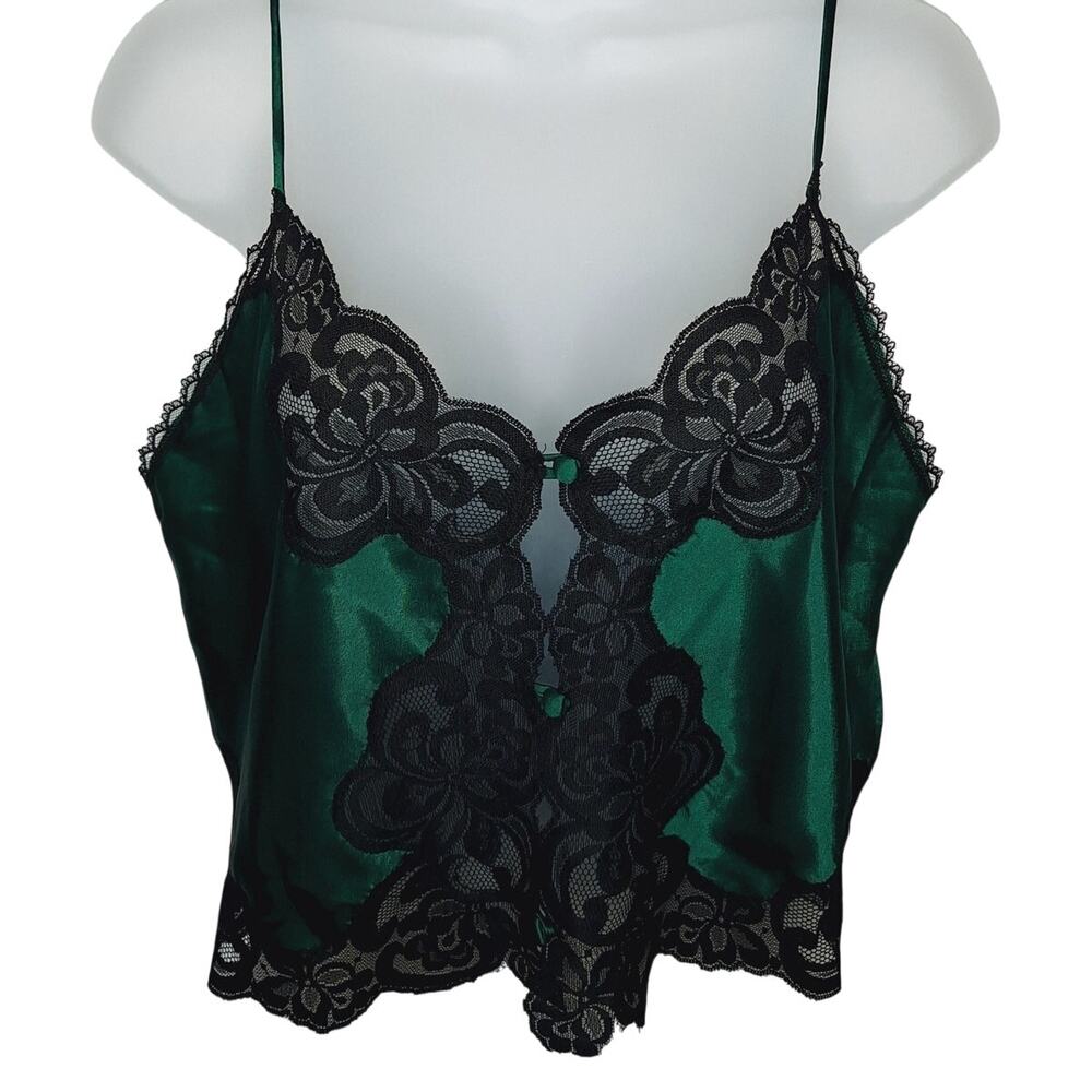 Vintage 90s Victoria's Secret Gold Label Cami Tank Top Small Satin Emerald Lace